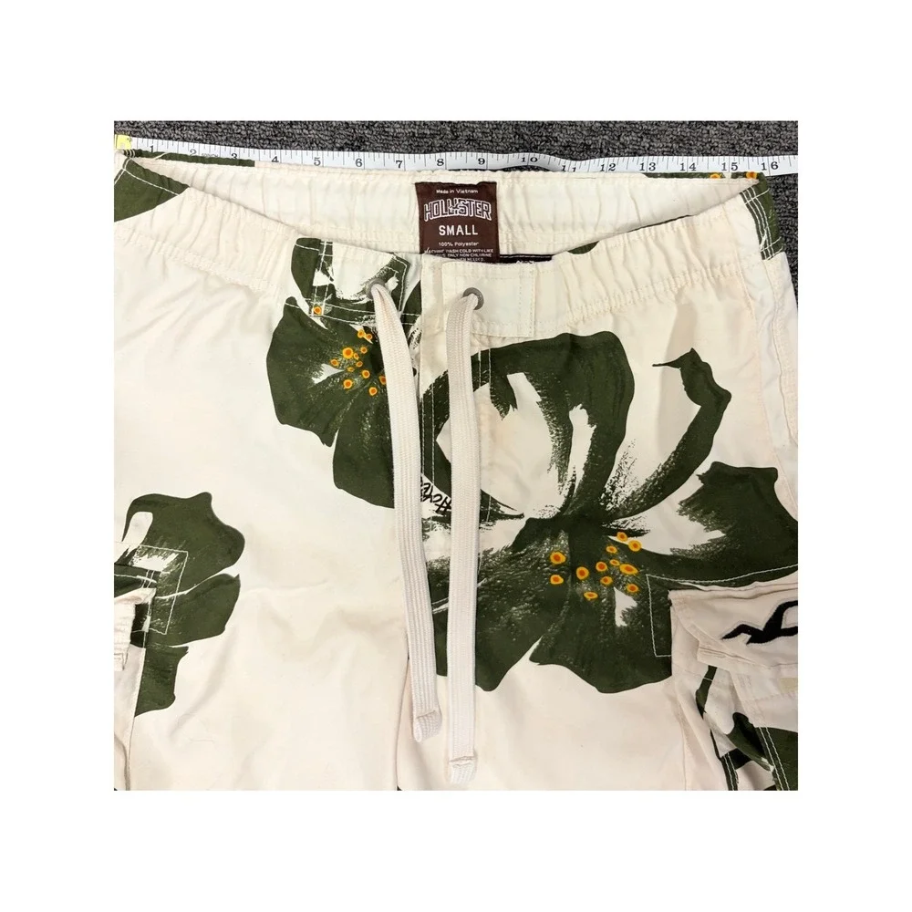 Hollister Mens Cargo Swim Trunks White Green Floral‎ Hibiscus Board Shorts Small